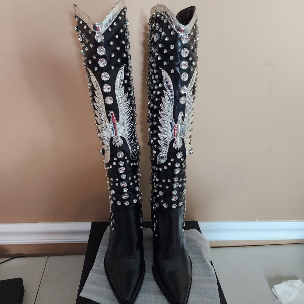 AZALEA WANG Upbeat Black Jeweled Rhinestone Tall Western Cowboy Boots 7-11 NWT - Picture 8 of 14